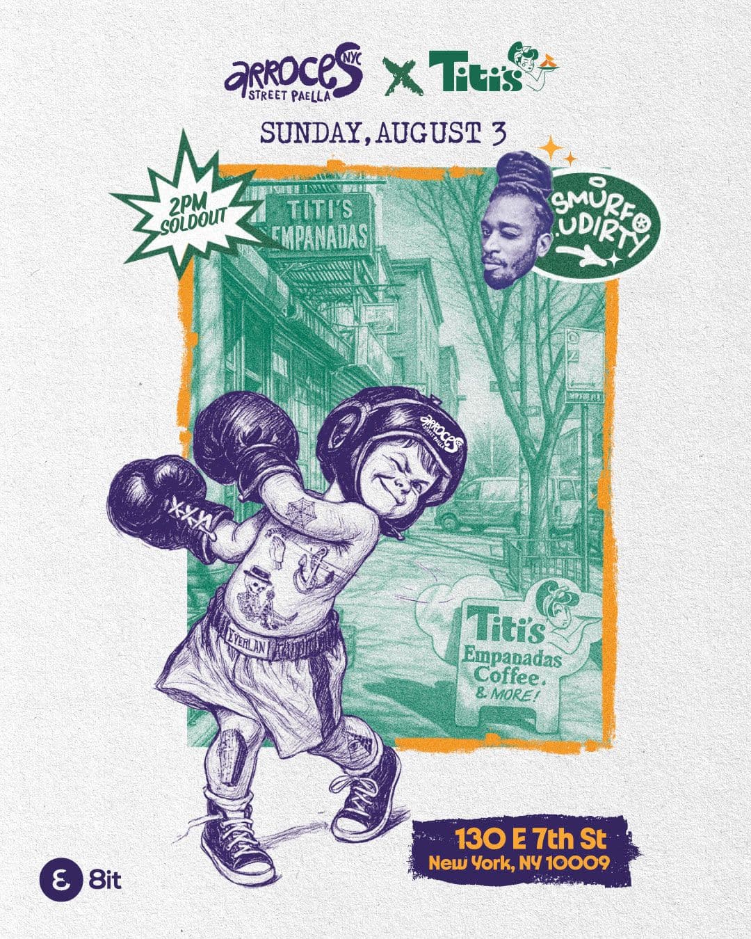 Purple and green collaboration poster for Arroces and Titi’s Empanadas